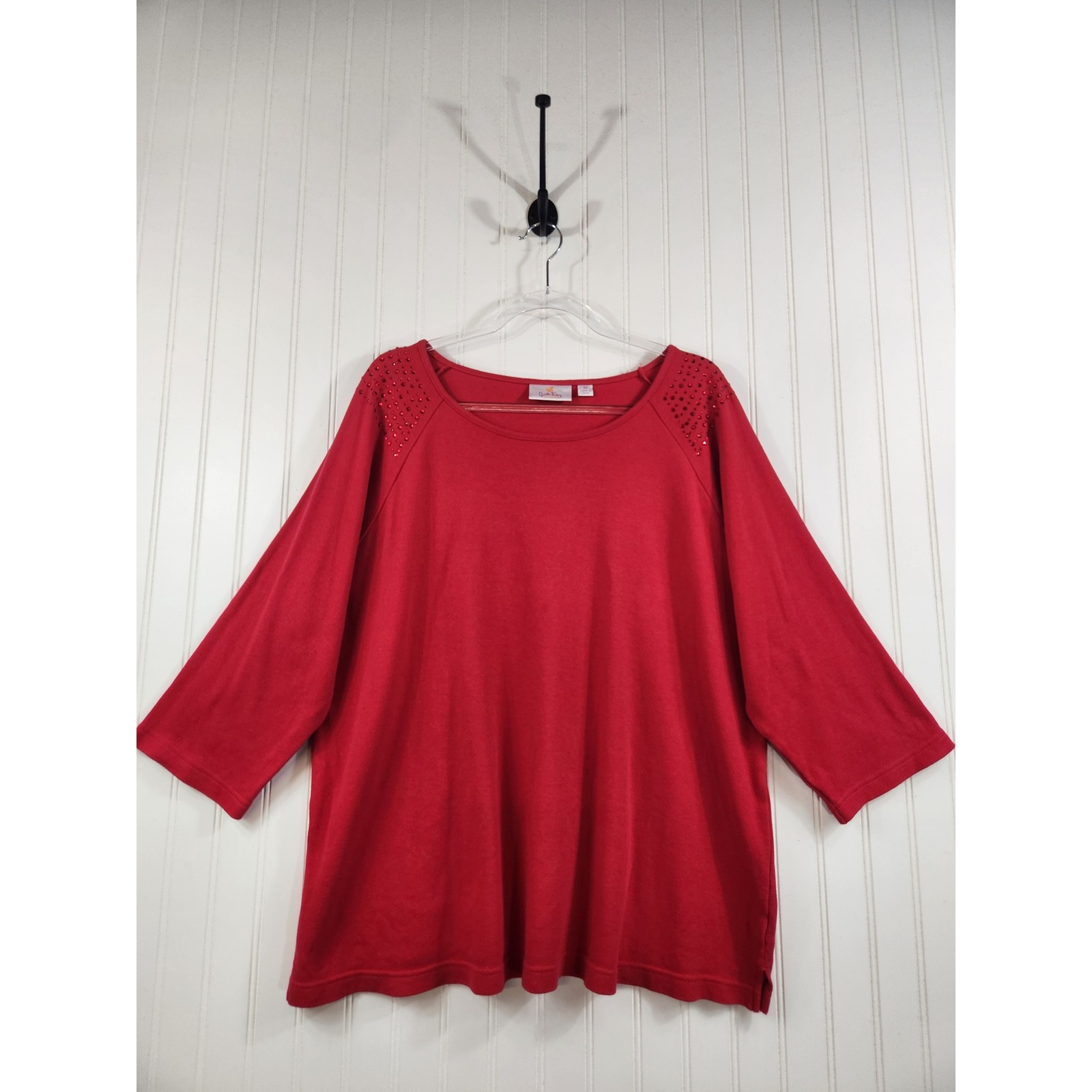 Quacker Factory Women's Red 100% Cotton Rhinestone Shoulder 3/4 Sleeve Top 2x